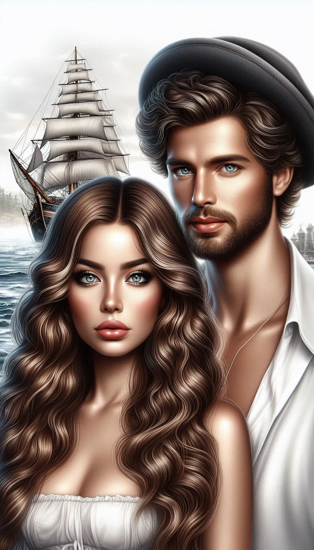 A stunning couple in nautical style she has long wavy brown hair grey eyes he has brown hair and2 823x1440